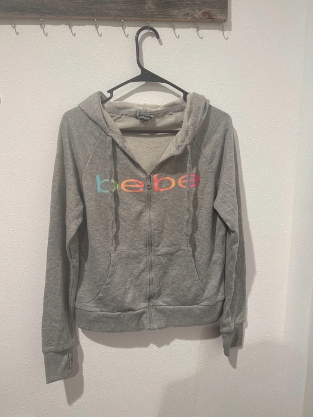 bebe Light Gray Hooded Zip-Up Sweatshirt with Subtle Logo Tag